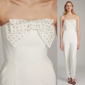 NWT SALONI Sabine Embellished Bow Cady Jumpsuit In Ivory